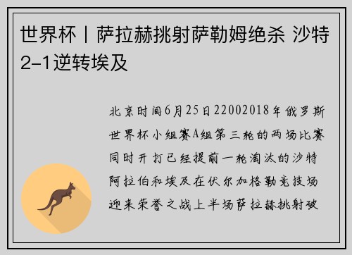世界杯丨萨拉赫挑射萨勒姆绝杀 沙特2-1逆转埃及