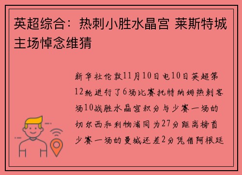 英超综合：热刺小胜水晶宫 莱斯特城主场悼念维猜
